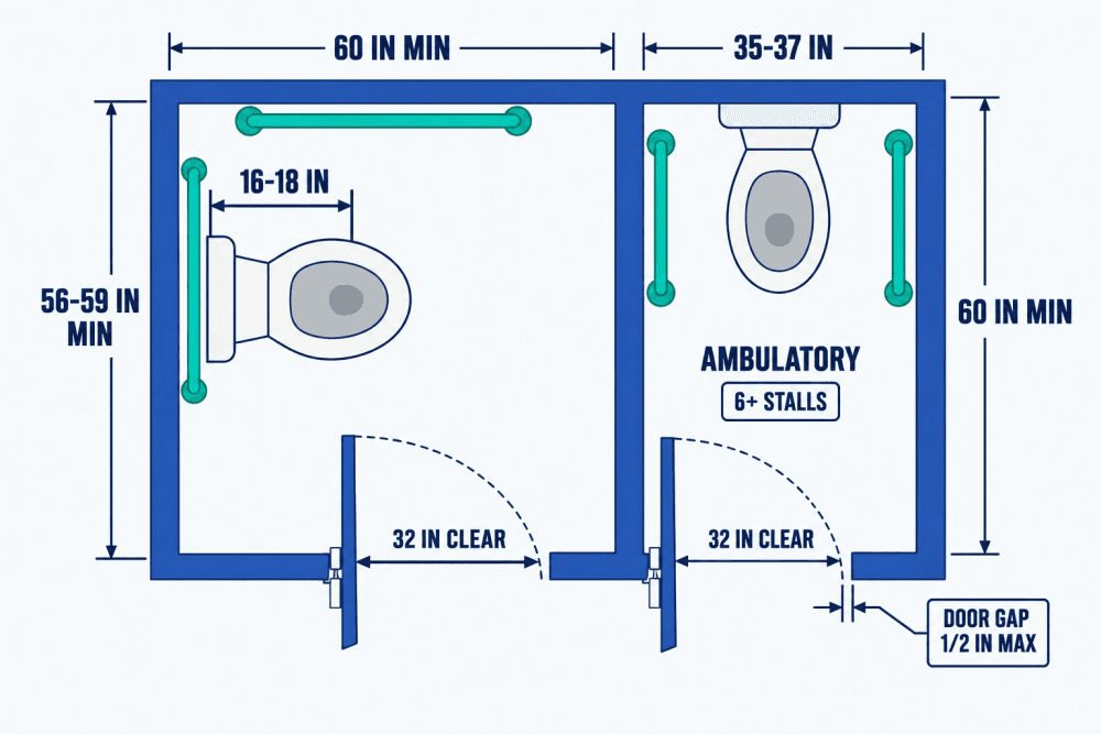 Plan view of an accessible toilet stall at least 60 inches wide with the toilet 16 to 18 inches from the side wall and a 32-inch door, beside an ambulatory stall 35 to 37 inches wide and 60 inches deep