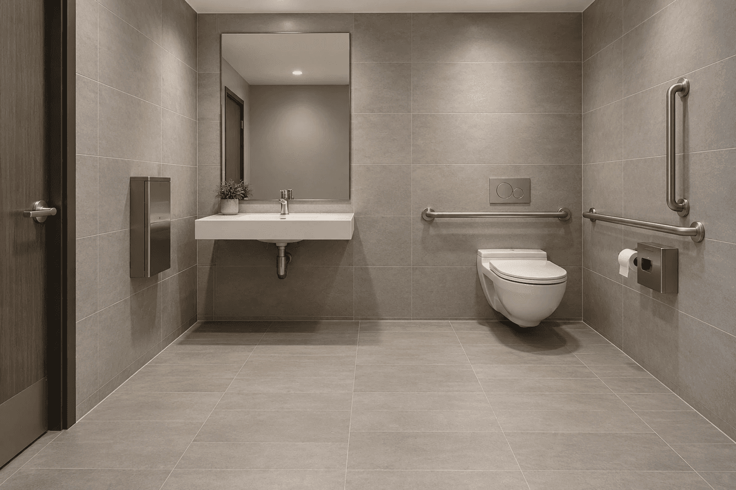 Accessible commercial restroom idea: a wide single-user restroom with grab bars, a wall-mounted sink and room to turn a wheelchair