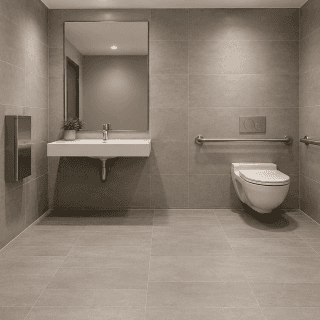 Accessible commercial restroom idea: a wide single-user restroom with grab bars, a wall-mounted sink and room to turn a wheelchair