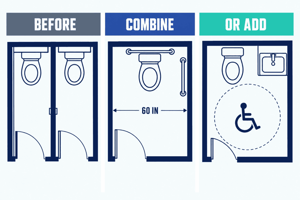 Plan views showing two narrow stalls combined into one 60 inch accessible stall, and a single-user accessible restroom as the alternative