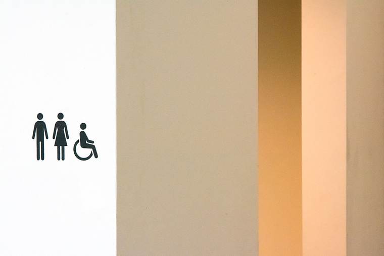 Restroom sign with men, women and wheelchair accessible symbols on a light wall