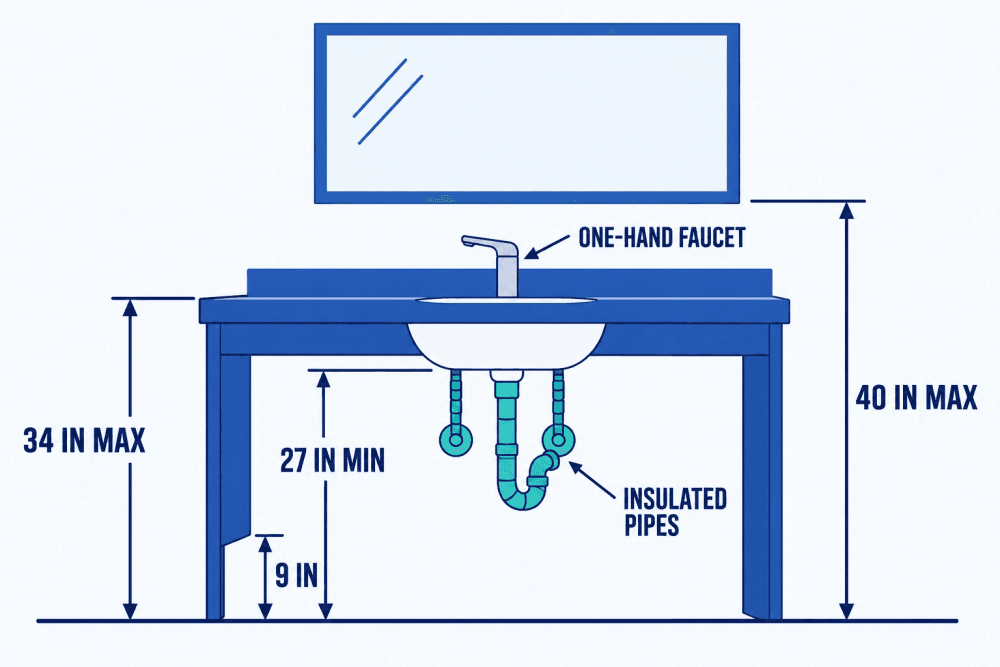 Side elevation of an accessible restroom counter: rim no higher than 34 inches, knee space at least 27 inches high, toe space 9 inches high, insulated pipes, and the mirror bottom no higher than 40 inches