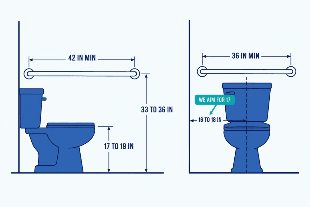 Elevation of an accessible toilet showing a centerline 16 to 18 inches from the side wall, a seat 17 to 19 inches high, a 42 inch side grab bar and a 36 inch rear grab bar at 33 to 36 inches