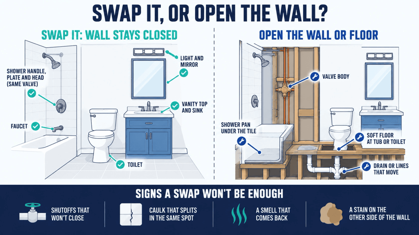 Split diagram of one bathroom: on the left the fixtures that can be swapped with the wall closed, on the right the parts that need the wall or floor opened, with four warning signs along the bottom
