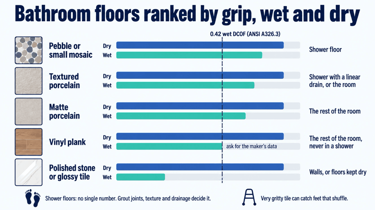 Diagram ranking five bathroom floor surfaces by grip when dry and when wet, from pebble and small mosaic tile to polished stone, with the 0.42 wet DCOF line from ANSI A326.3 marked and where each surface belongs in the room
