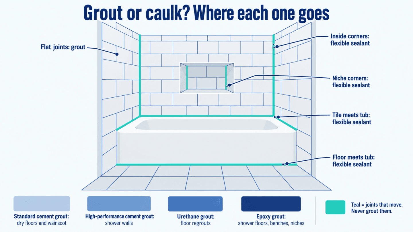 Diagram of a tiled tub and shower wall showing which grout goes where, and the inside corners and tub, floor and niche joints that get flexible sealant instead of grout