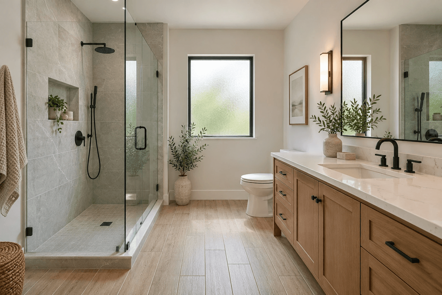 Bathroom remodeling idea: a bright updated bathroom with a tiled walk-in shower, a wood-tone vanity and a large mirror