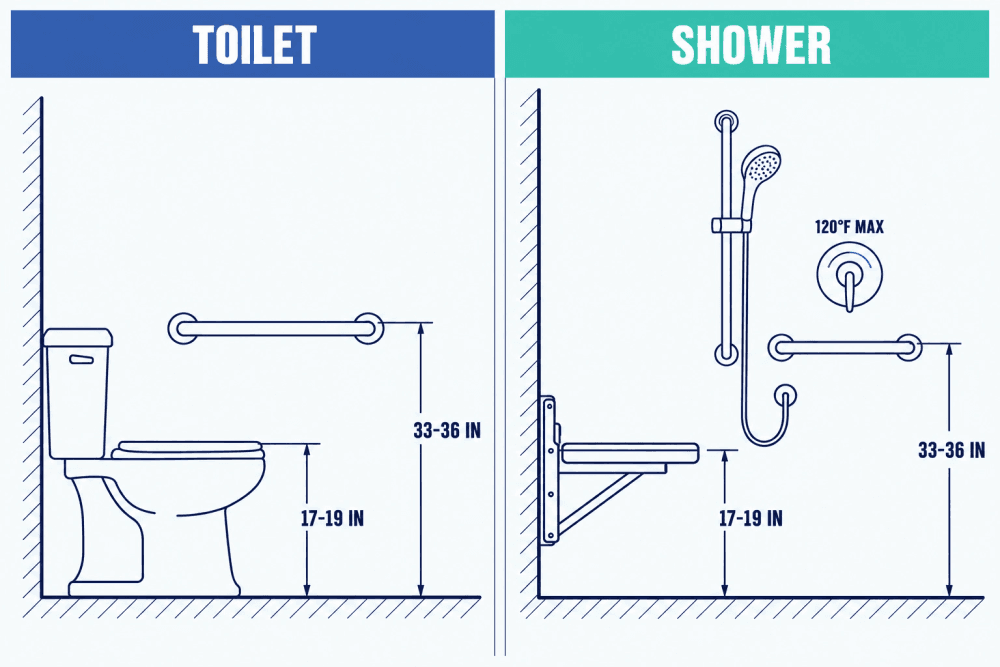 Diagram of grab bar and seat heights at a toilet and in a shower: bars 33 to 36 inches above the floor, toilet seat and shower seat 17 to 19 inches