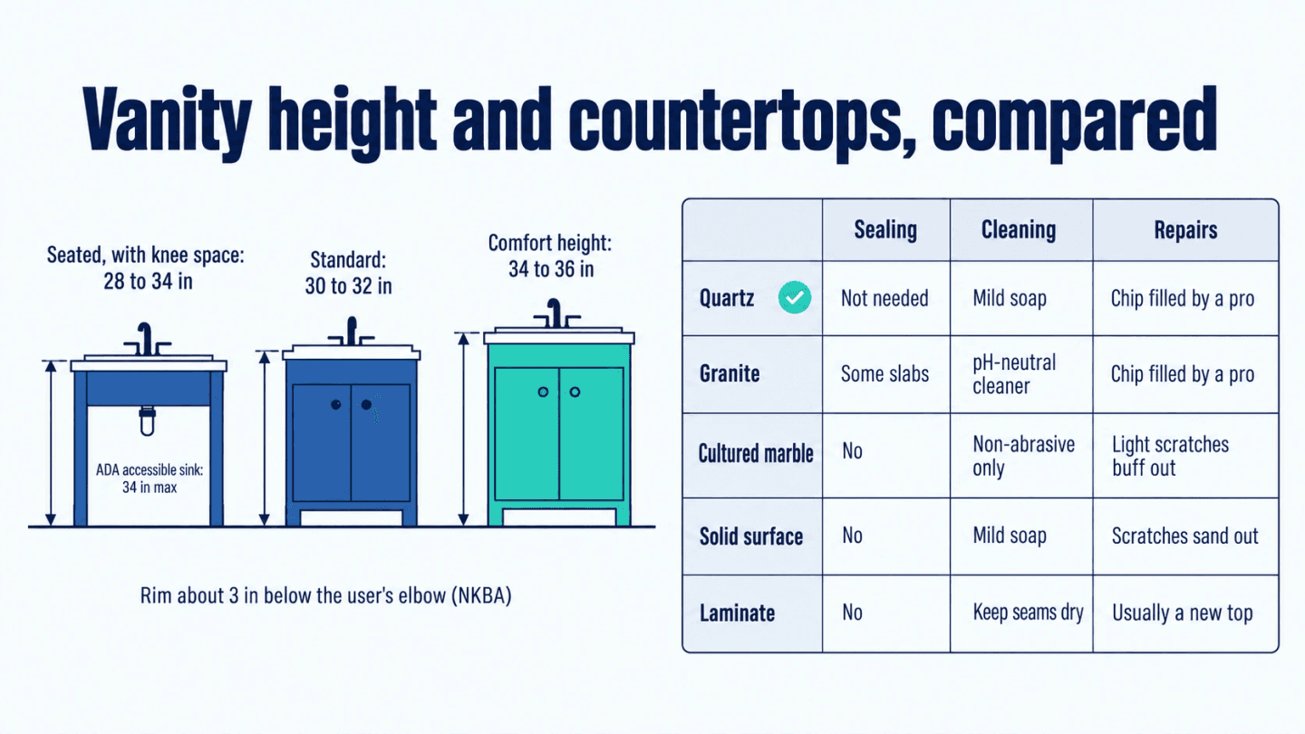 Side view of three bathroom vanity heights, seated, standard and comfort height, beside a chart comparing quartz, granite, cultured marble, solid surface and laminate tops on sealing, cleaning and repair
