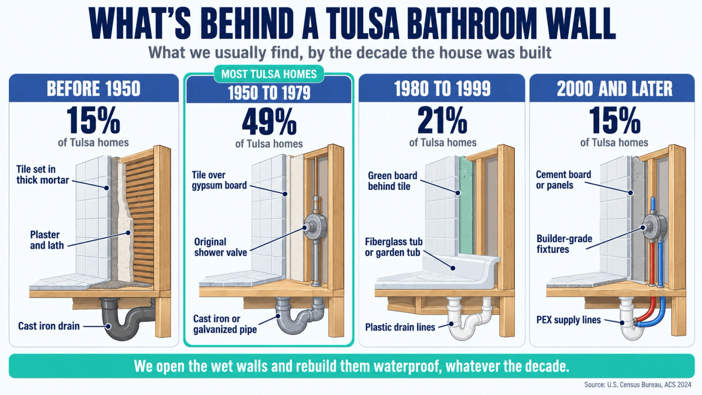 Diagram of what is usually behind a Tulsa bathroom wall by the decade the house was built, with the share of Tulsa homes from each era