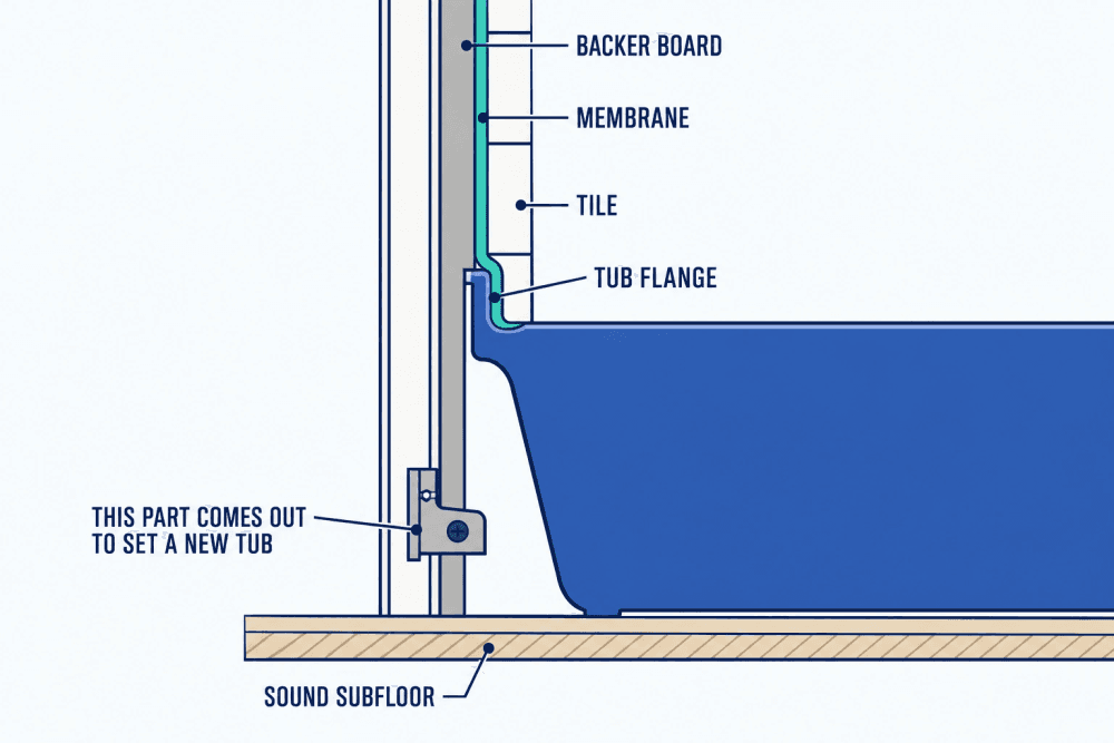 Cutaway of an alcove tub showing its flange rising behind the backer board, with the waterproofing membrane lapped over it and tile above