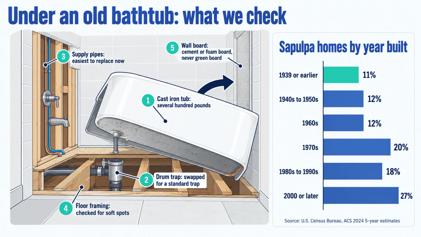 Cutaway diagram of an old cast iron tub being removed from its alcove, labeling the drum trap, supply pipes, floor framing and wall board we check, beside a chart of Sapulpa homes by the decade they were built