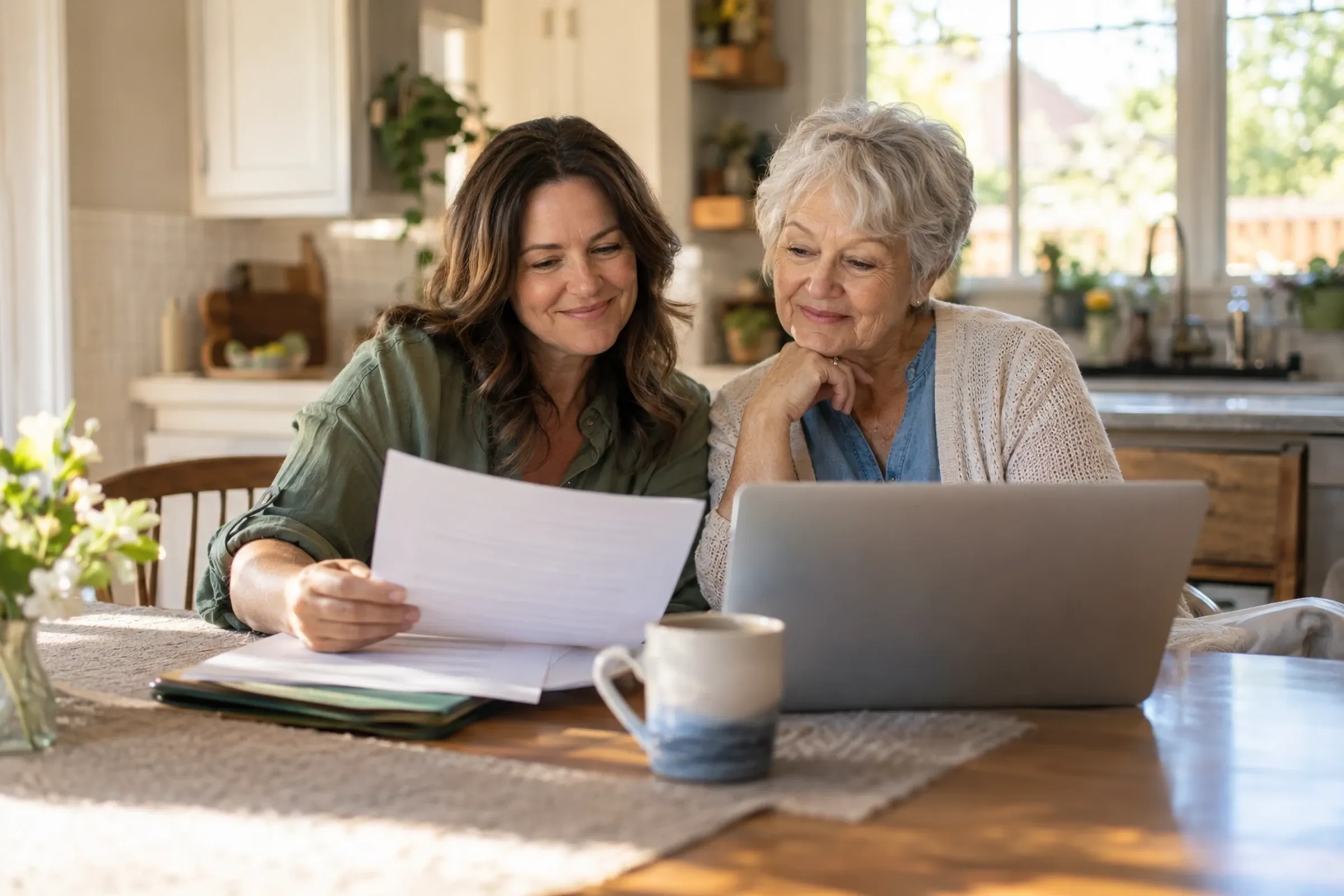 An adult daughter and her senior mother reviewing paperwork together at a kitchen table