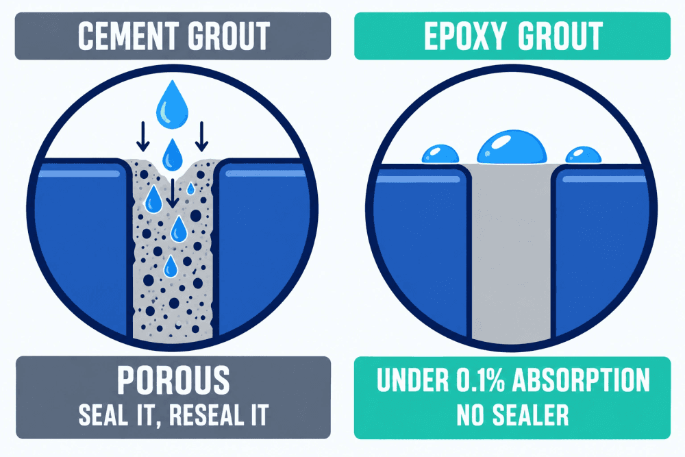 Cross-section of two grout joints compared: porous cement grout absorbing water and stains and needing a sealer, and dense epoxy grout shedding water with no sealer needed
