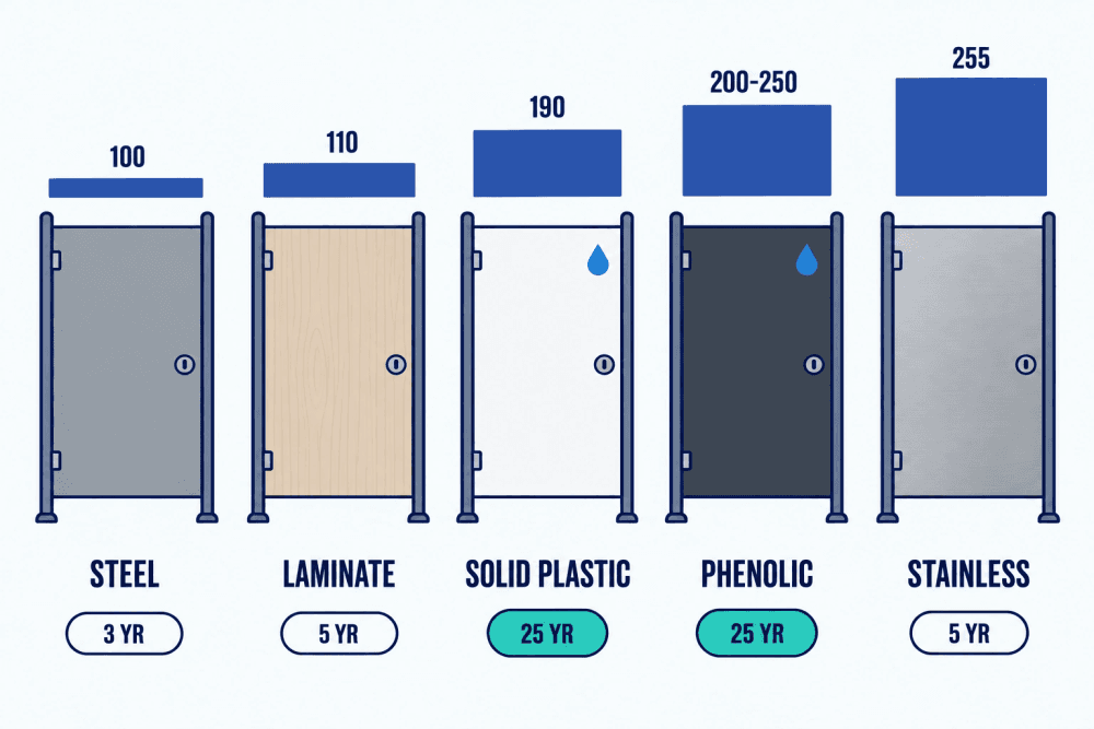Five toilet partition materials compared by relative cost and warranty, from powder-coated steel to stainless steel