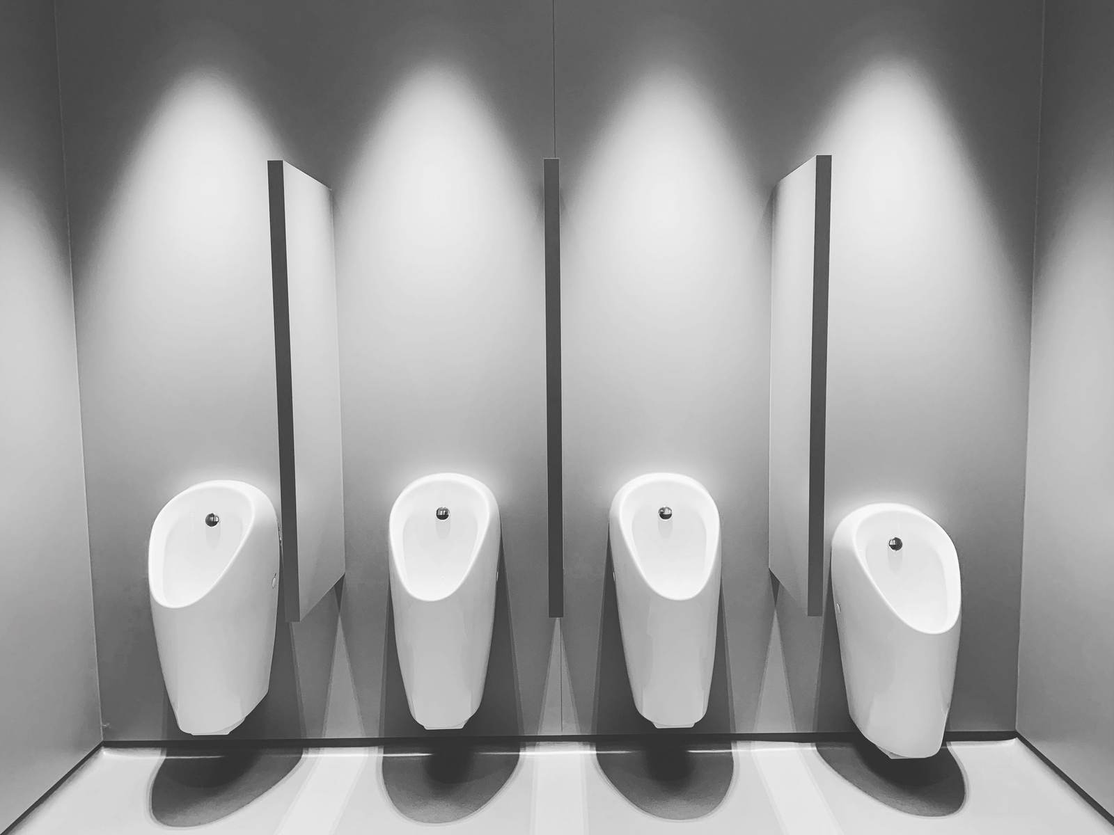 Row of wall-hung urinals separated by privacy screens