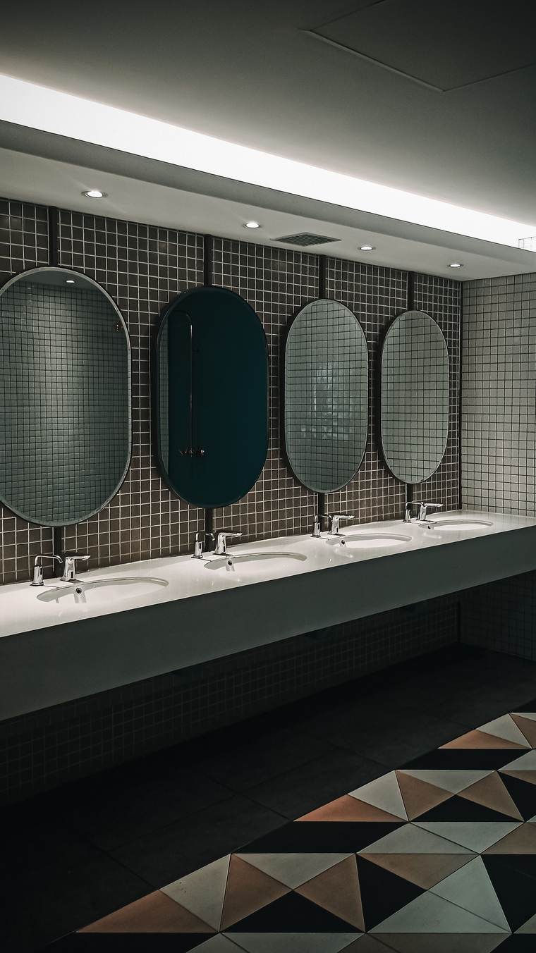 Commercial bathroom with oval mirrors on dark mosaic tile above a row of sinks