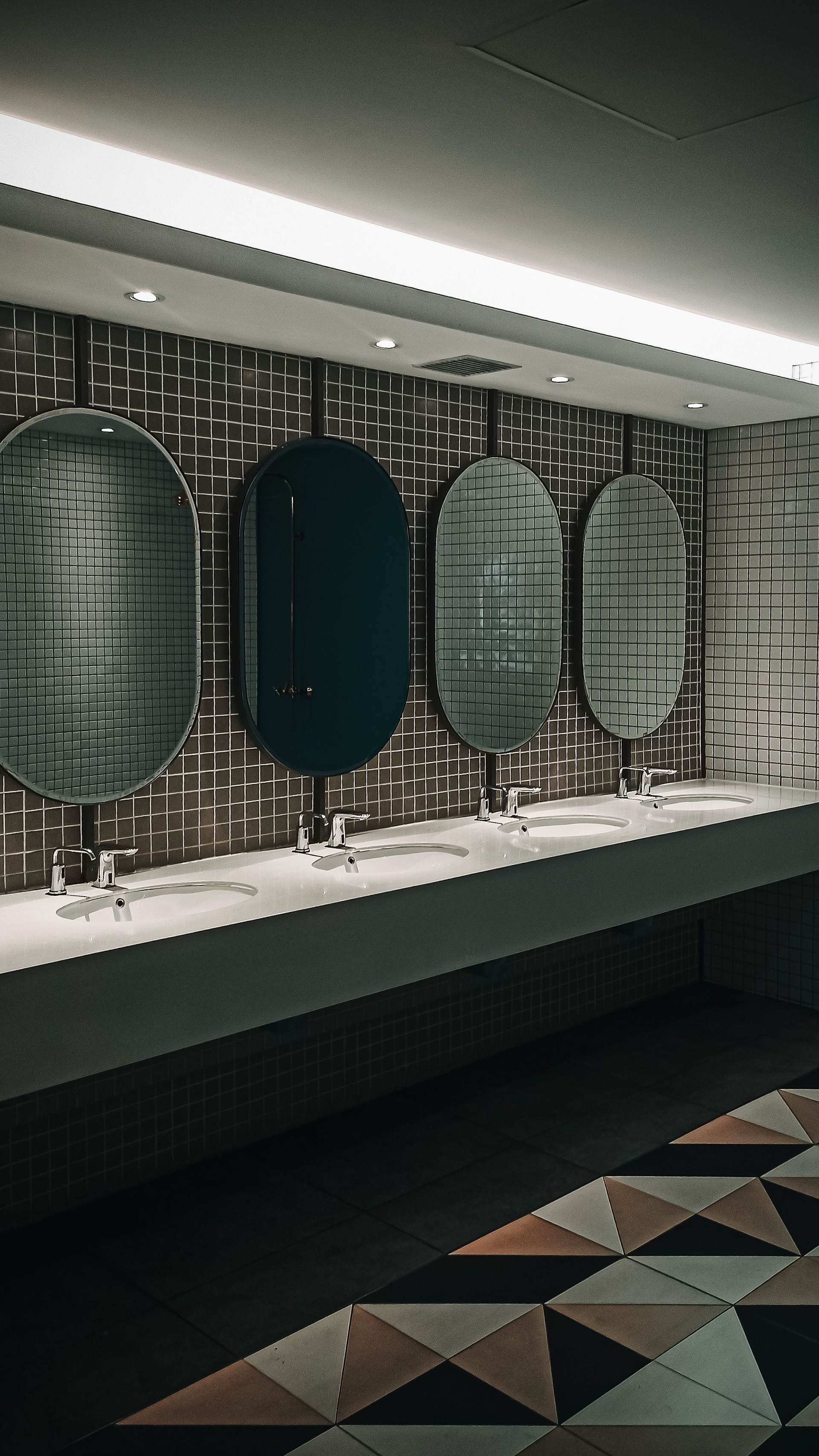 Commercial restroom with dark mosaic tile walls, oval mirrors and a patterned tile floor