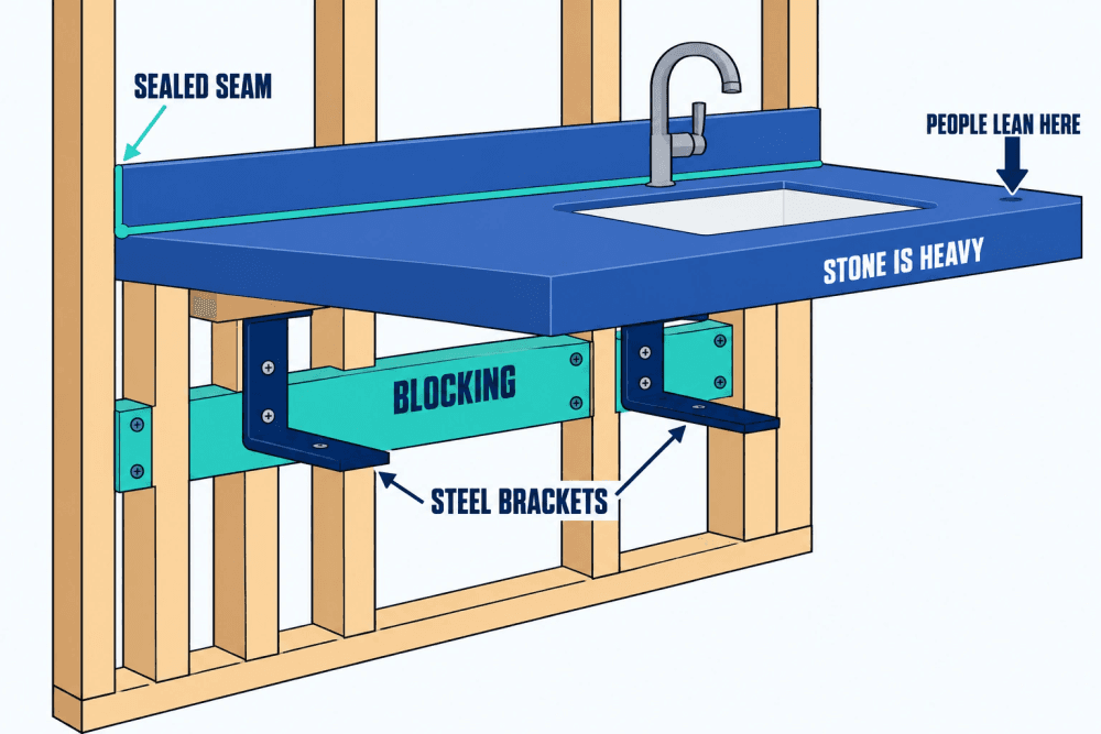 Cutaway of a floating restroom counter held by steel brackets fixed into solid blocking inside the wall, with a sealed backsplash seam
