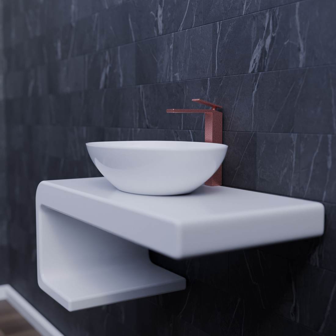 Floating white countertop with a vessel sink and a copper faucet against a dark marble wall