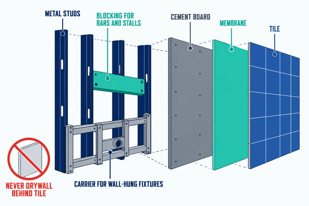 Cutaway of a commercial restroom wall: studs, blocking for grab bars and partitions, a steel carrier for wall-hung fixtures, cement backer board, a waterproofing membrane, and tile