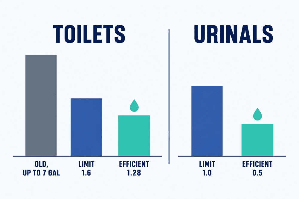 Bar chart comparing water per flush for old toilets, the federal limit and high-efficiency toilets, and for urinals at 1.0 and 0.5 gallons