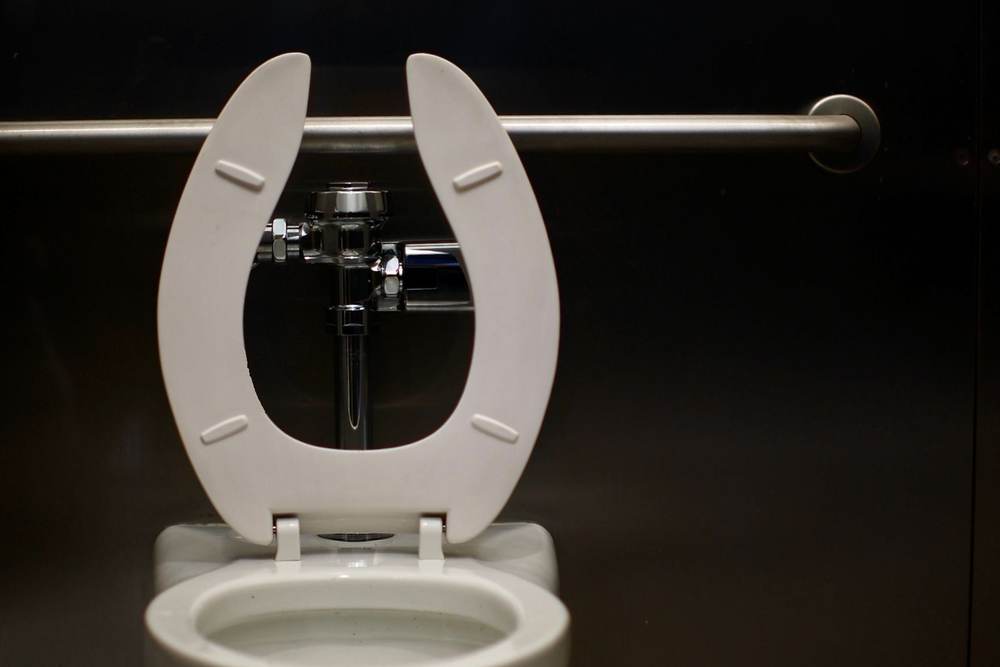 Wall-hung commercial toilet with an open-front seat and a stainless grab bar on the wall behind it