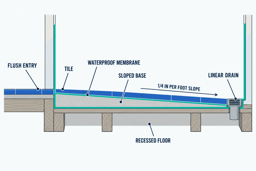 Cutaway of a curbless shower floor showing the recessed floor, the sloped base, the waterproof membrane, the tile and a linear drain