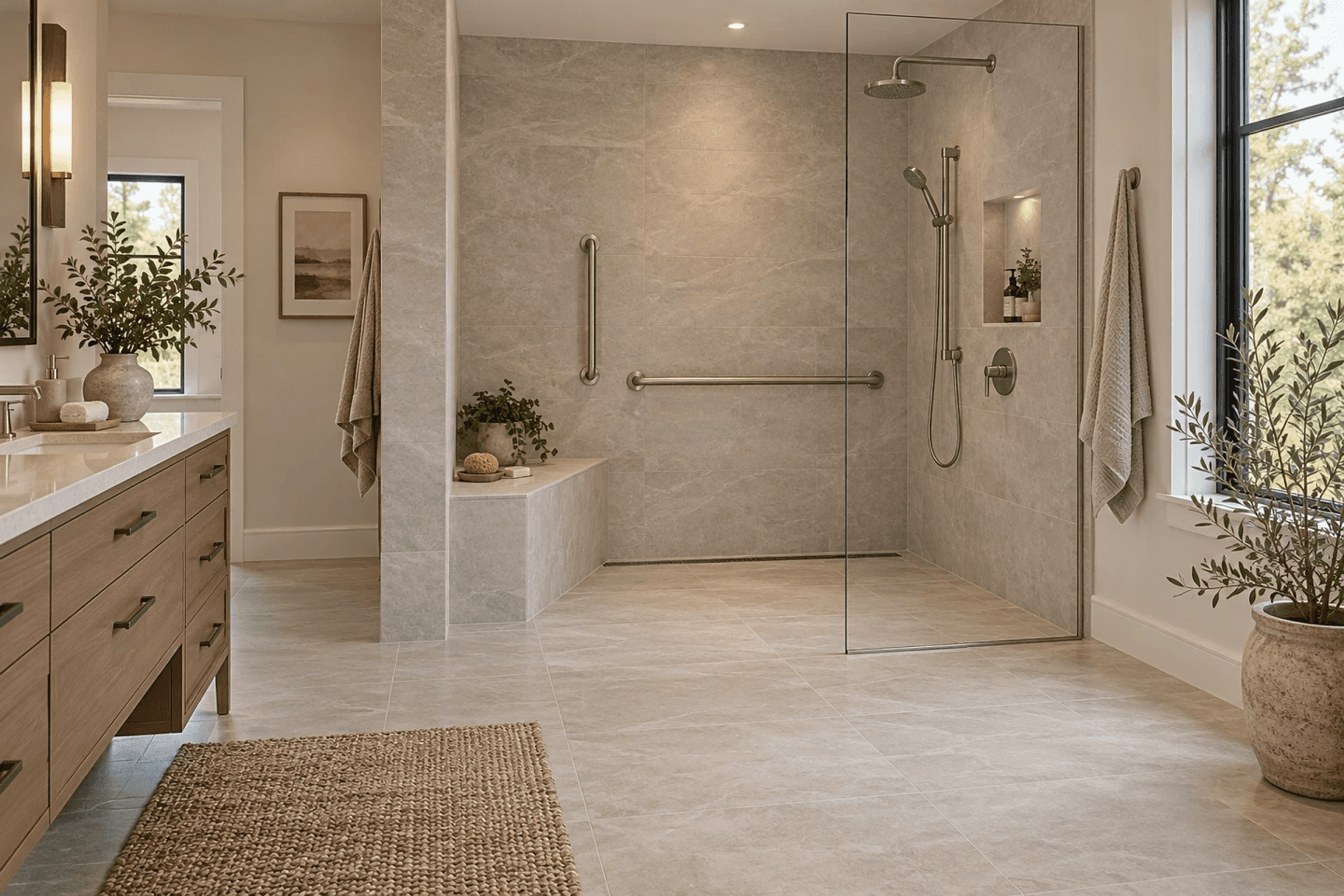 Curbless walk-in shower idea: a tiled shower floor flush with the bathroom floor, a linear drain, a bench and a handheld shower
