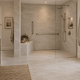 Curbless walk-in shower idea: a tiled shower floor flush with the bathroom floor, a linear drain, a bench and a handheld shower