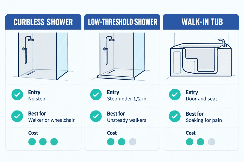 Comparison of a curbless shower, a low-threshold shower and a walk-in tub for safe bathing