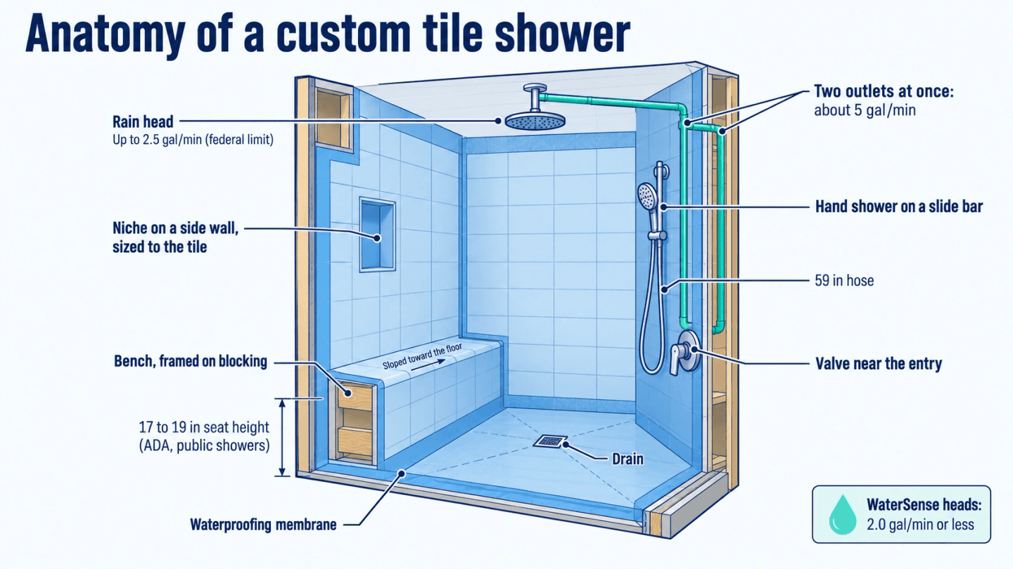 Cutaway diagram of a custom tile shower: a sloped bench framed on blocking, a niche on a side wall, a rain head and a hand shower on a slide bar, the valve near the entry and the drain, with flow limits labeled
