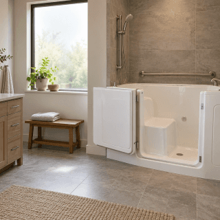 Walk-in tub idea: a walk-in bathtub with an open door, built-in seat, grab bar and hand-held shower in a bright bathroom