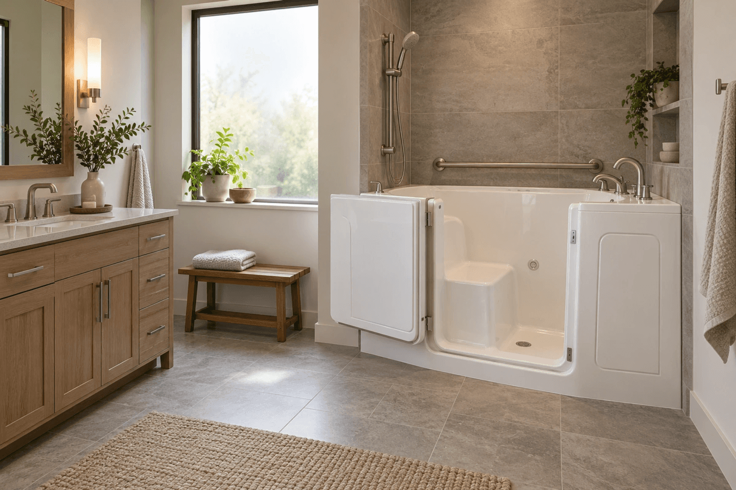Walk-in tub idea: a walk-in bathtub with an open door, built-in seat, grab bar and hand-held shower in a bright bathroom