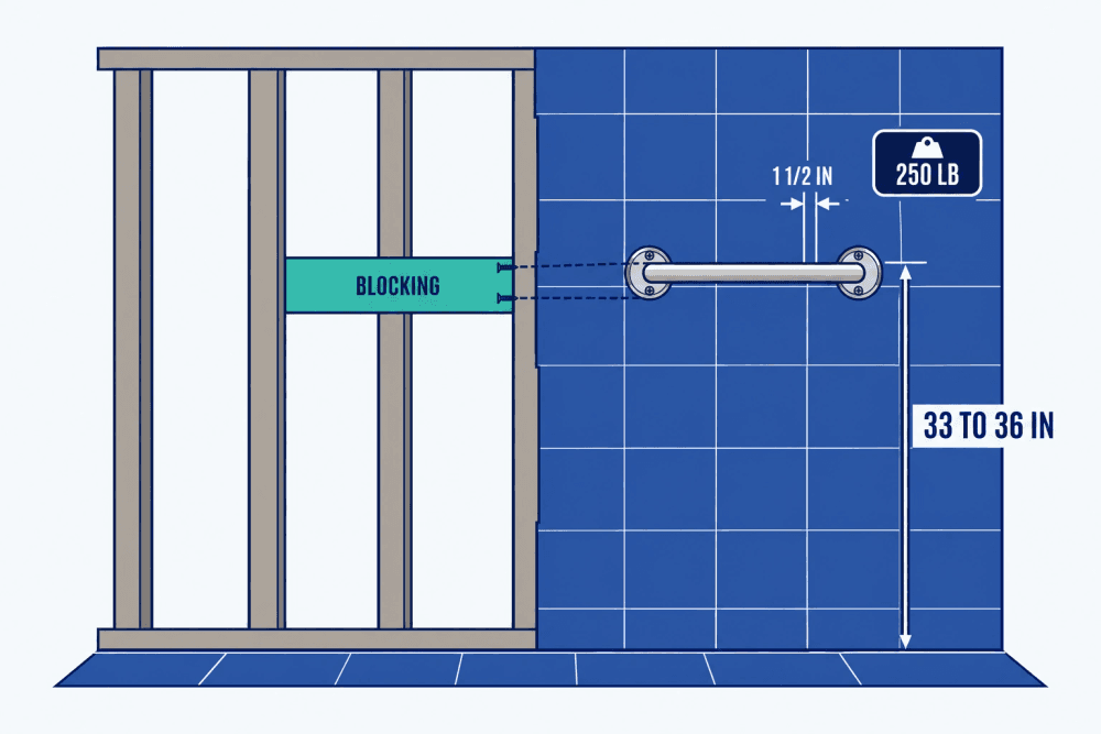 Diagram of a grab bar screwed through tile into wood blocking set between the wall studs, 33 to 36 inches above the floor and 1 1/2 inches off the wall, built for 250 pounds