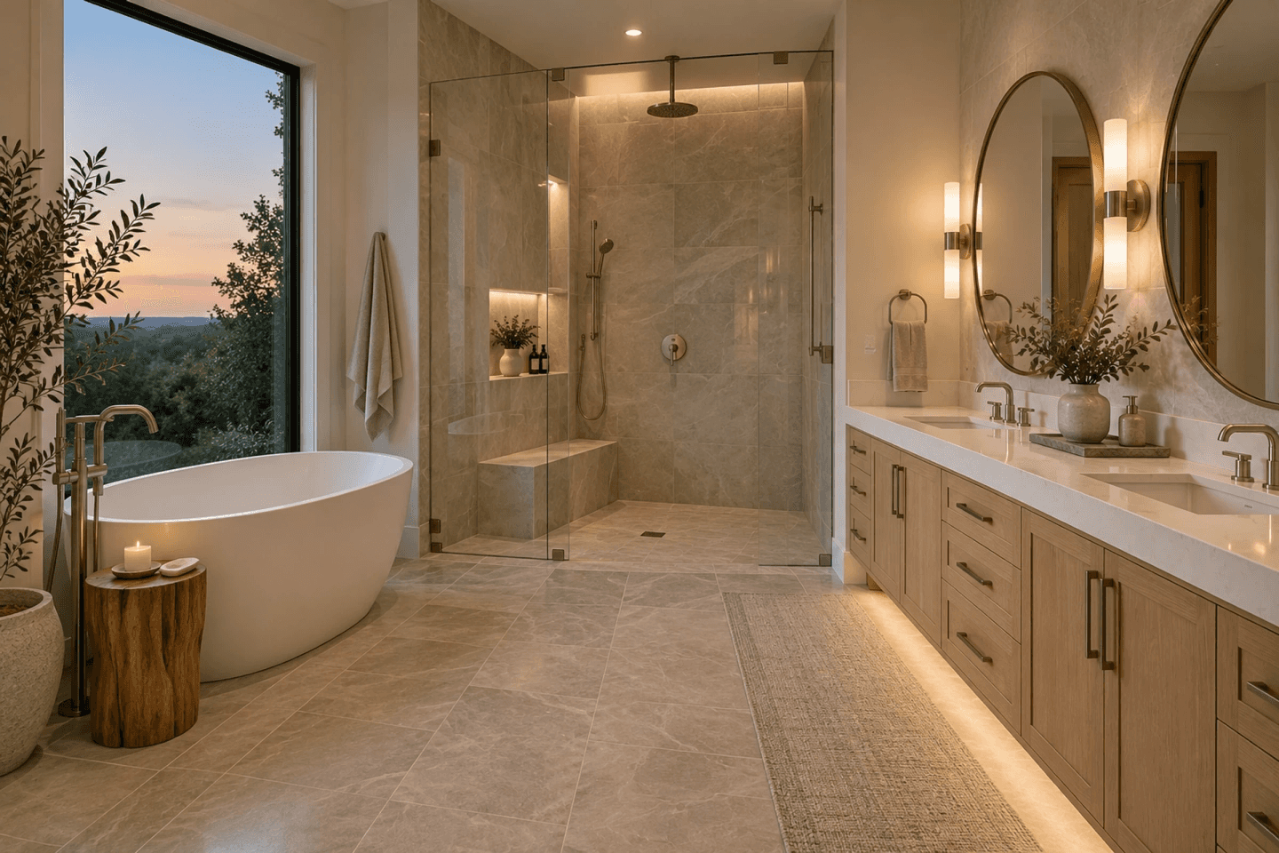 Luxury primary bathroom idea: a freestanding tub beside a large window, a frameless glass walk-in shower and a double vanity with warm lighting