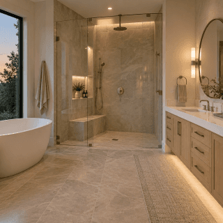Luxury primary bathroom idea: a freestanding tub beside a large window, a frameless glass walk-in shower and a double vanity with warm lighting