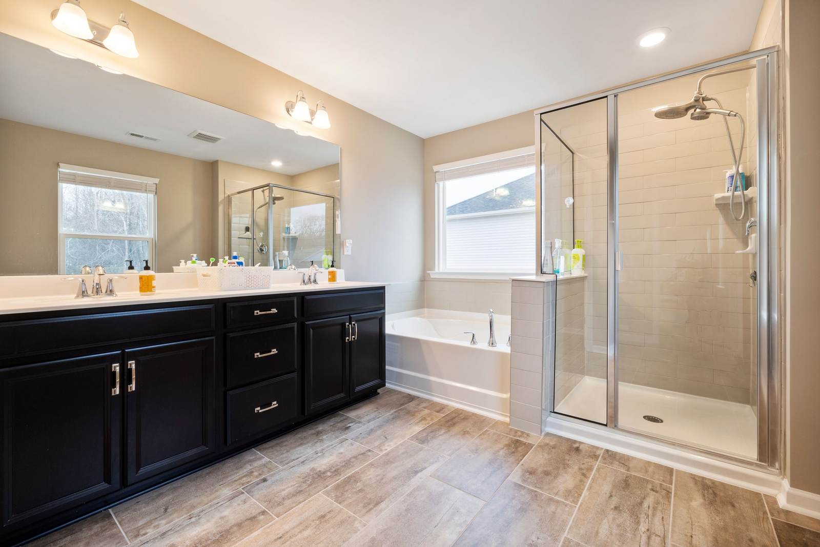 Master bathroom with a dark double vanity, a soaking tub, and a glass walk-in shower