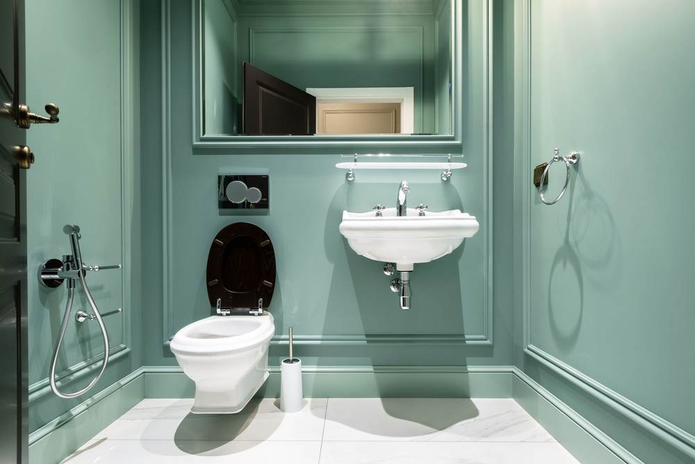 Small single-user restroom with sage green paneled walls, a wall-hung toilet and a wall-hung sink