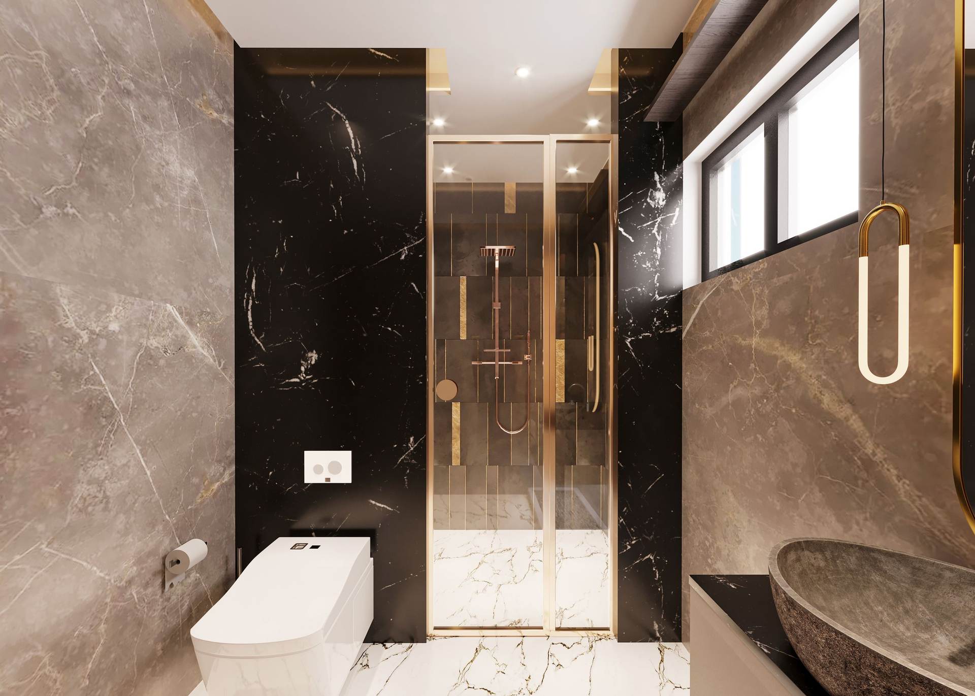 Bathroom with marble walls, a glass shower with gold fixtures, a wall-hung toilet and a stone vessel sink