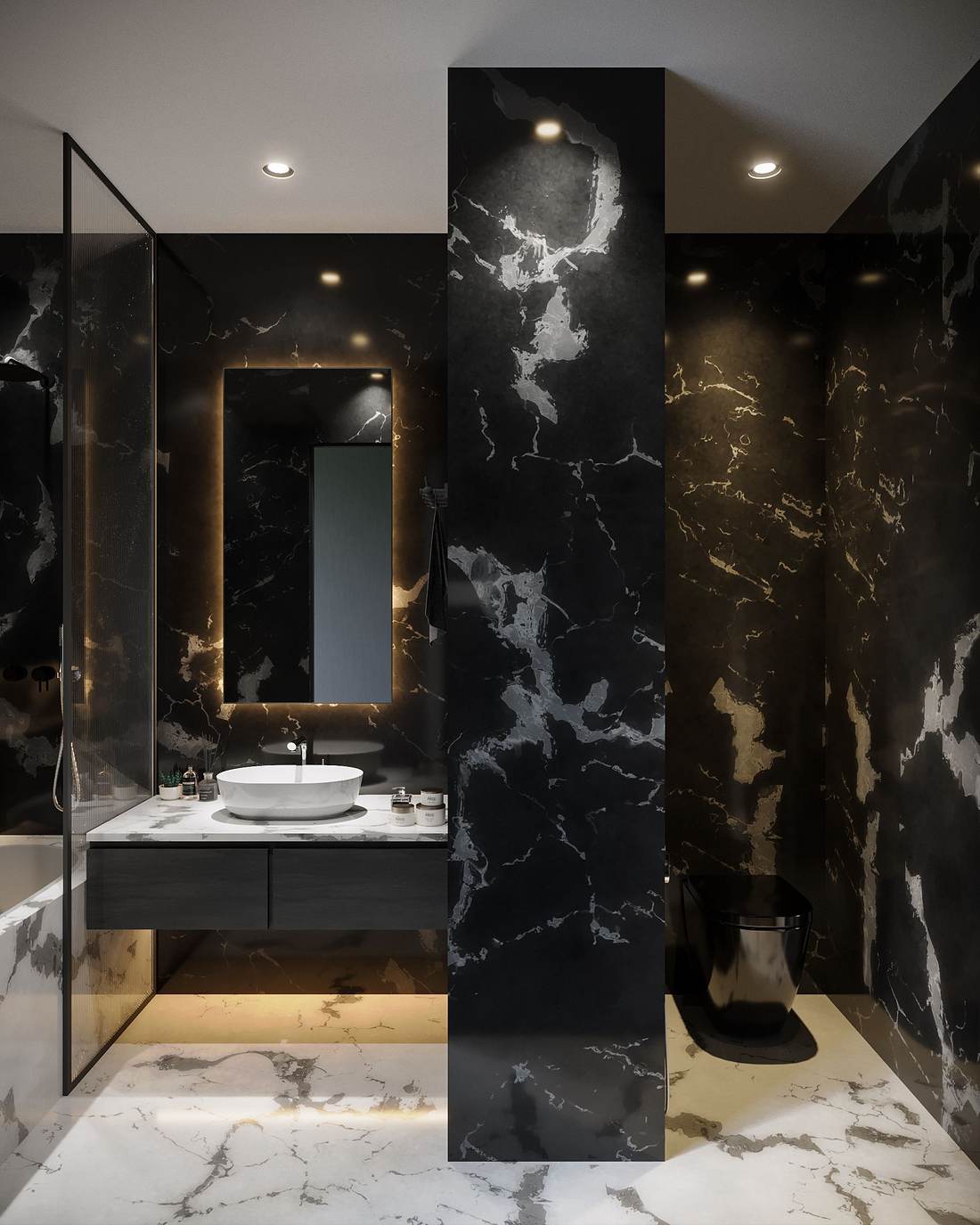 Restroom with black marble-look wall tile, a backlit mirror and a floating vanity