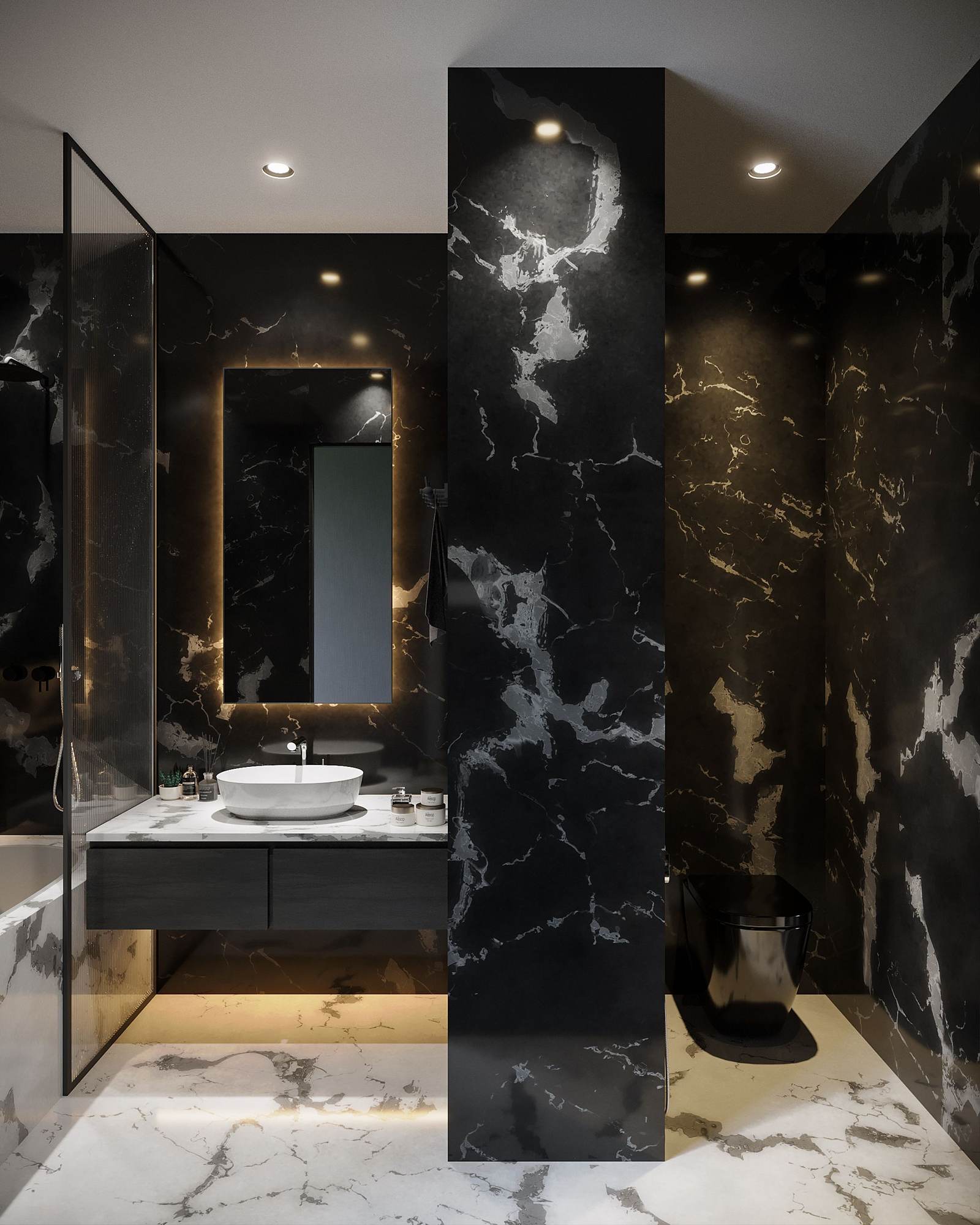 Restroom wall finished in black marble-look tile with a wall-hung sink