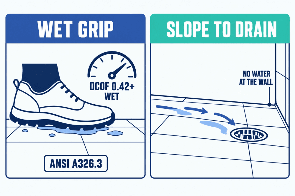 Diagram of a wet restroom floor: a shoe on tile rated for wet slip resistance of DCOF 0.42 or more, and a floor sloped toward a floor drain