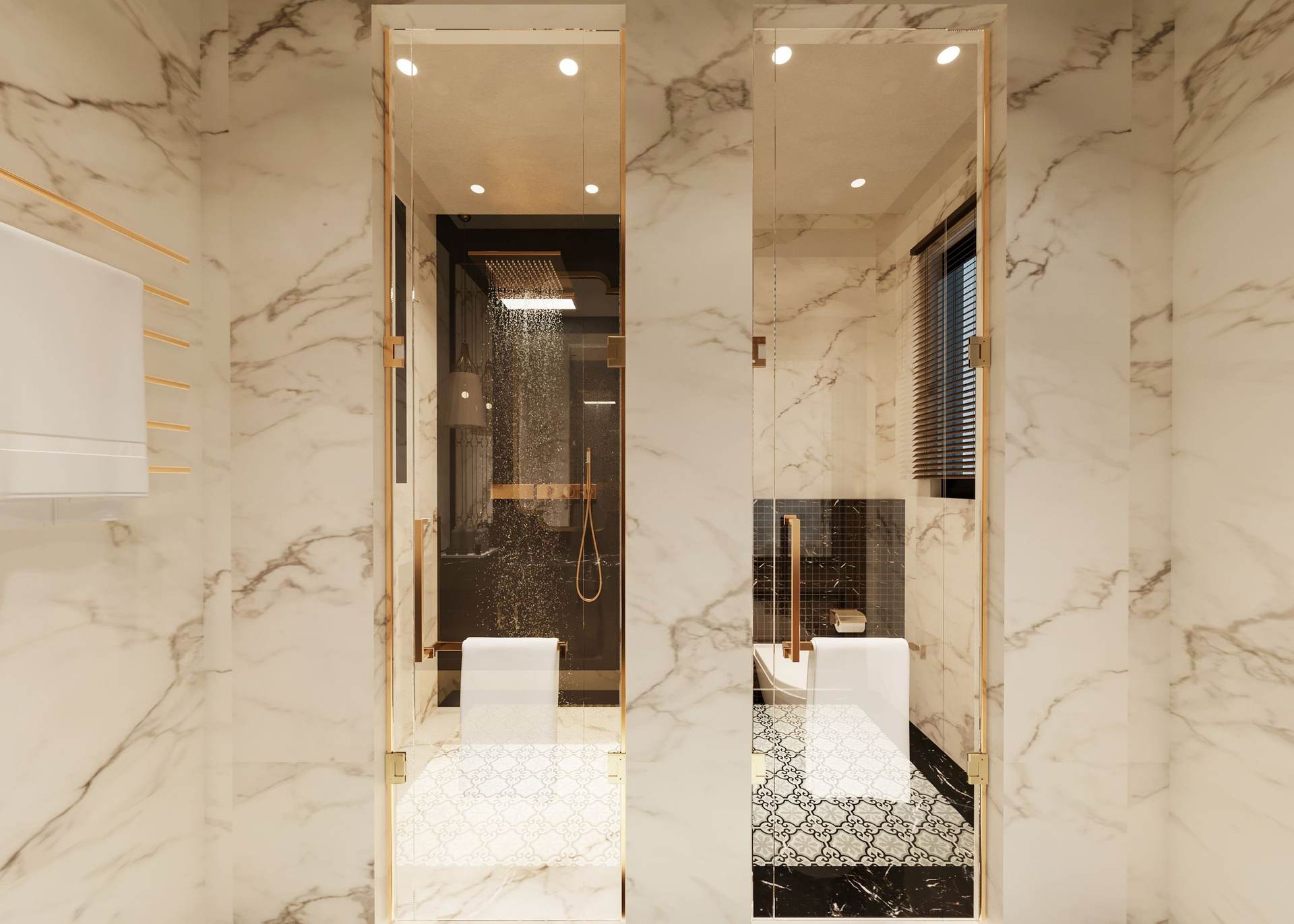 Restroom with marble-look tile floor and walls and two full-height compartments