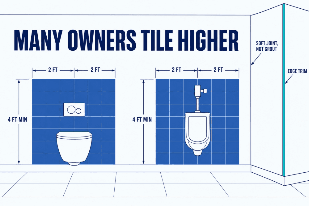 Elevation of a restroom wall with a toilet and a urinal: a hard, non-absorbent surface at least 4 feet high within 2 feet of each fixture, with edge trims at outside corners
