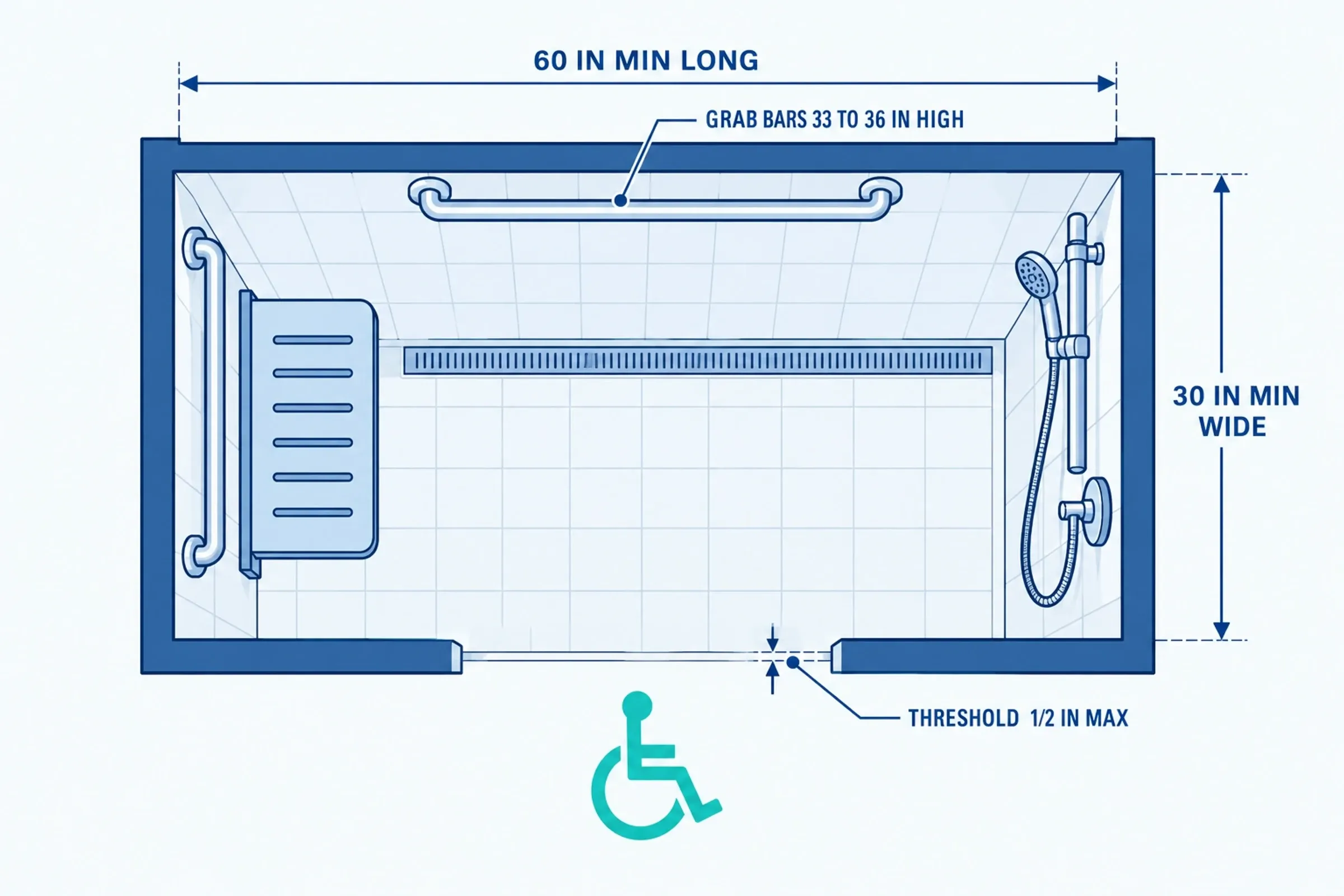 Plan view of a roll-in shower showing the 60 inch length, 30 inch minimum width, bench, grab bars and hand-held shower