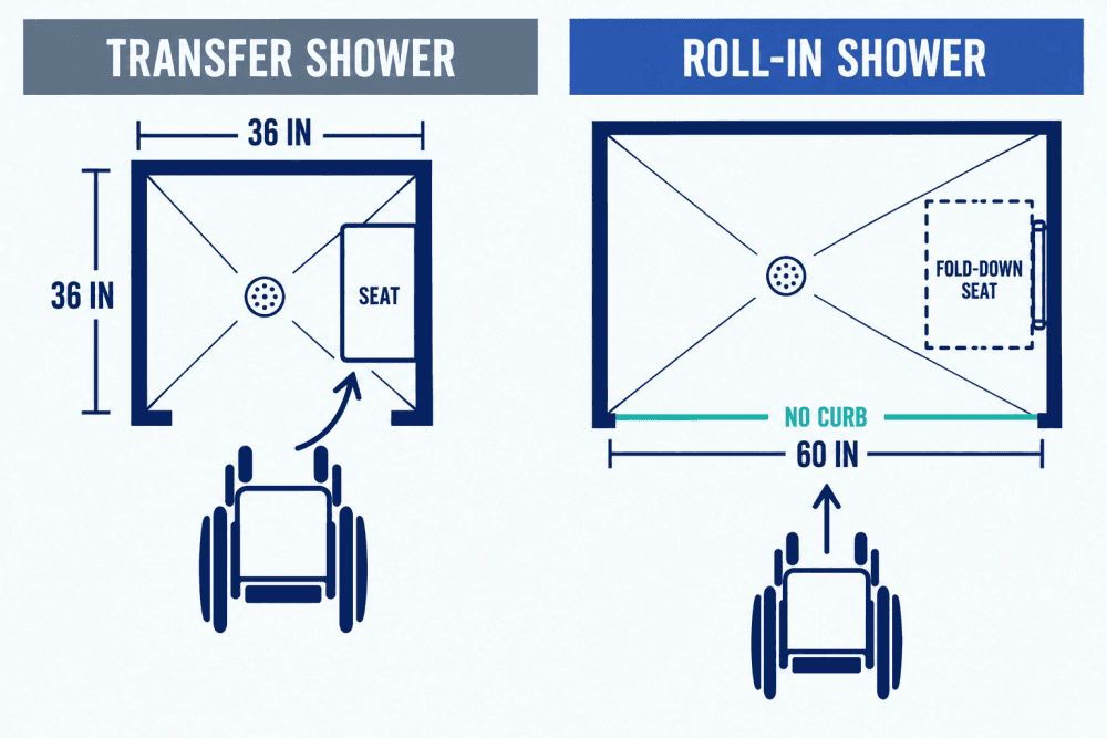 Plan views comparing a 36 by 36 inch transfer shower with a seat and a 60 inch wide roll-in shower with a fold-down seat