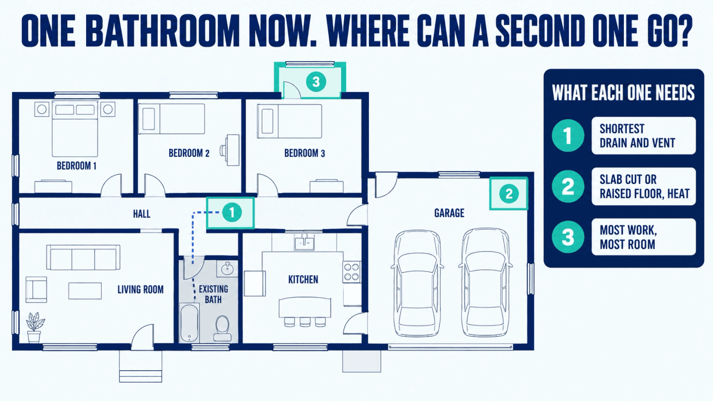 Floor plan of a one-bathroom ranch house showing three places a second bathroom can go, a hall closet, the corner of the garage and a bump-out off a bedroom, with what each one needs for the drain, the vent and the floor