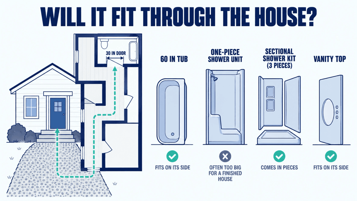 Diagram of a 60-inch tub, a one-piece shower unit, a sectional shower kit and a vanity top lined up against a 30-inch doorway and a tight hallway turn, showing which pieces fit through a lake house and which need to come in sections
