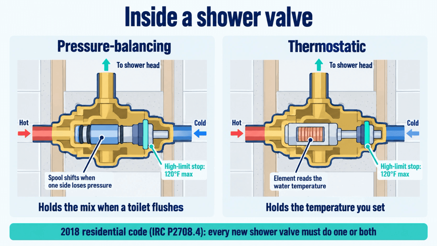 Cutaway diagram of two shower valves side by side: a pressure-balancing valve with its sliding spool, and a thermostatic valve with its heat-sensing element, both with a high-limit stop at 120°F